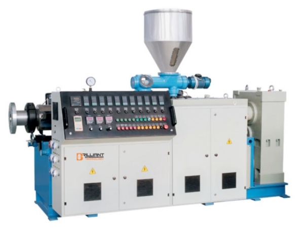 Conical twin screw extruder with logo
